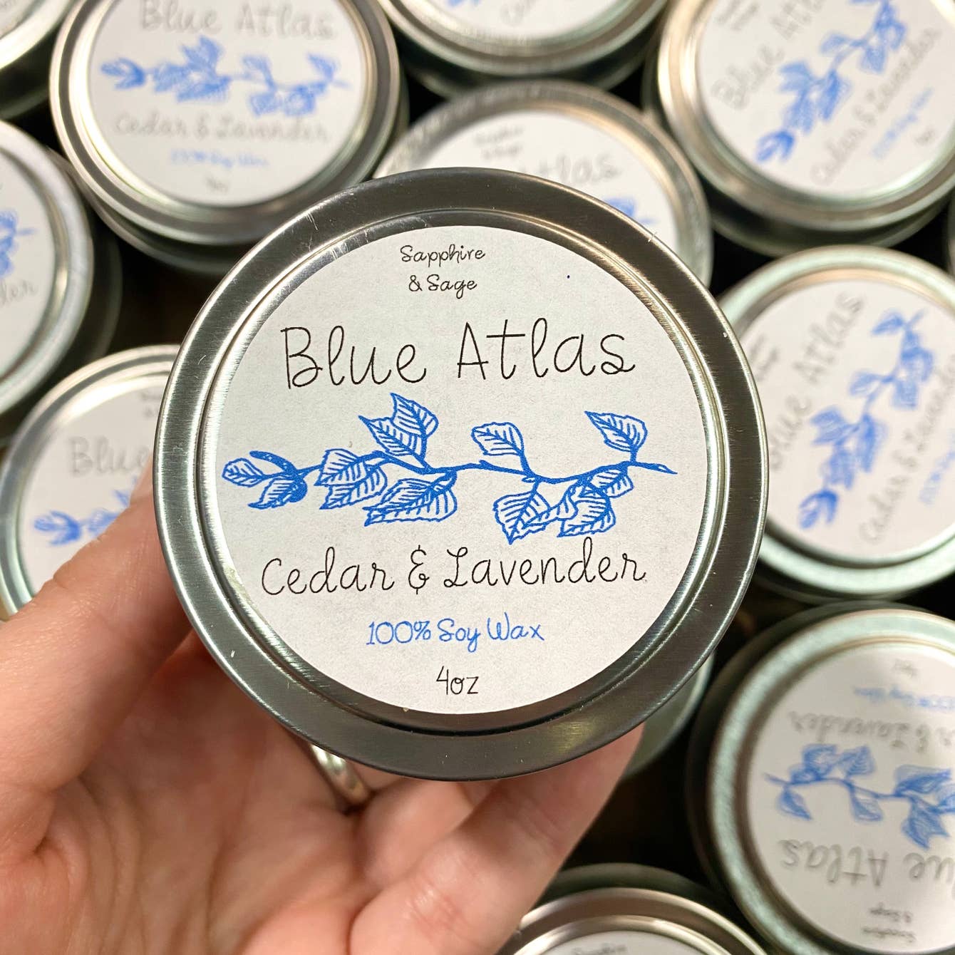 Blue Atlas Crystal Tin Candle