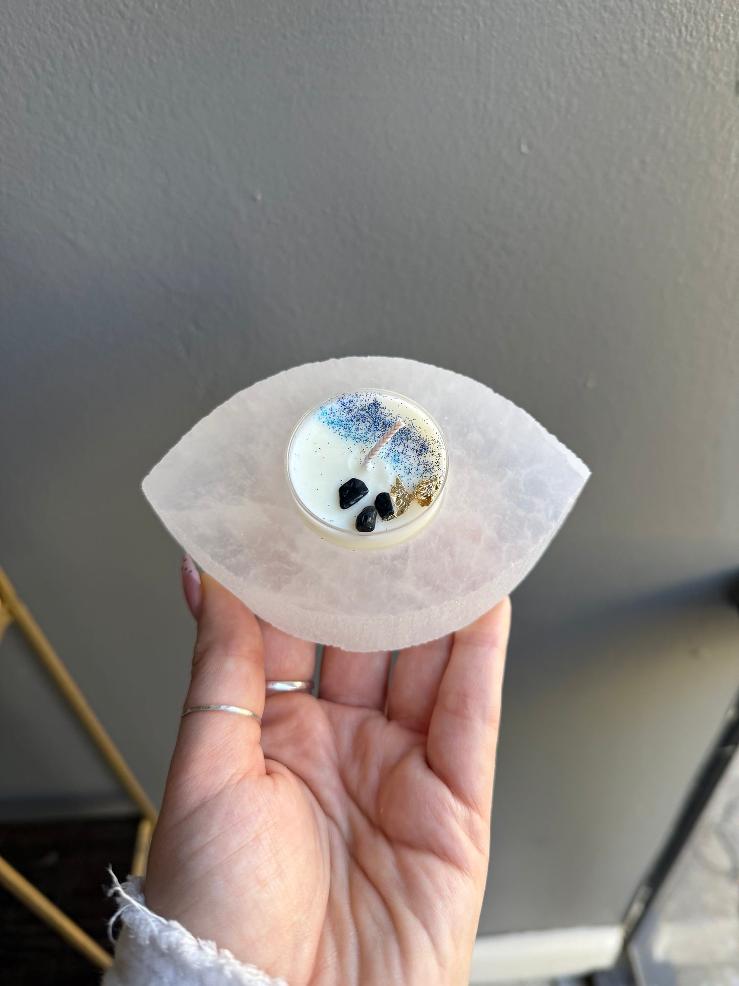 Selenite Candle Holder – Evil Eye, Starburst, Moon, or Snowball Shape, 3-4 in