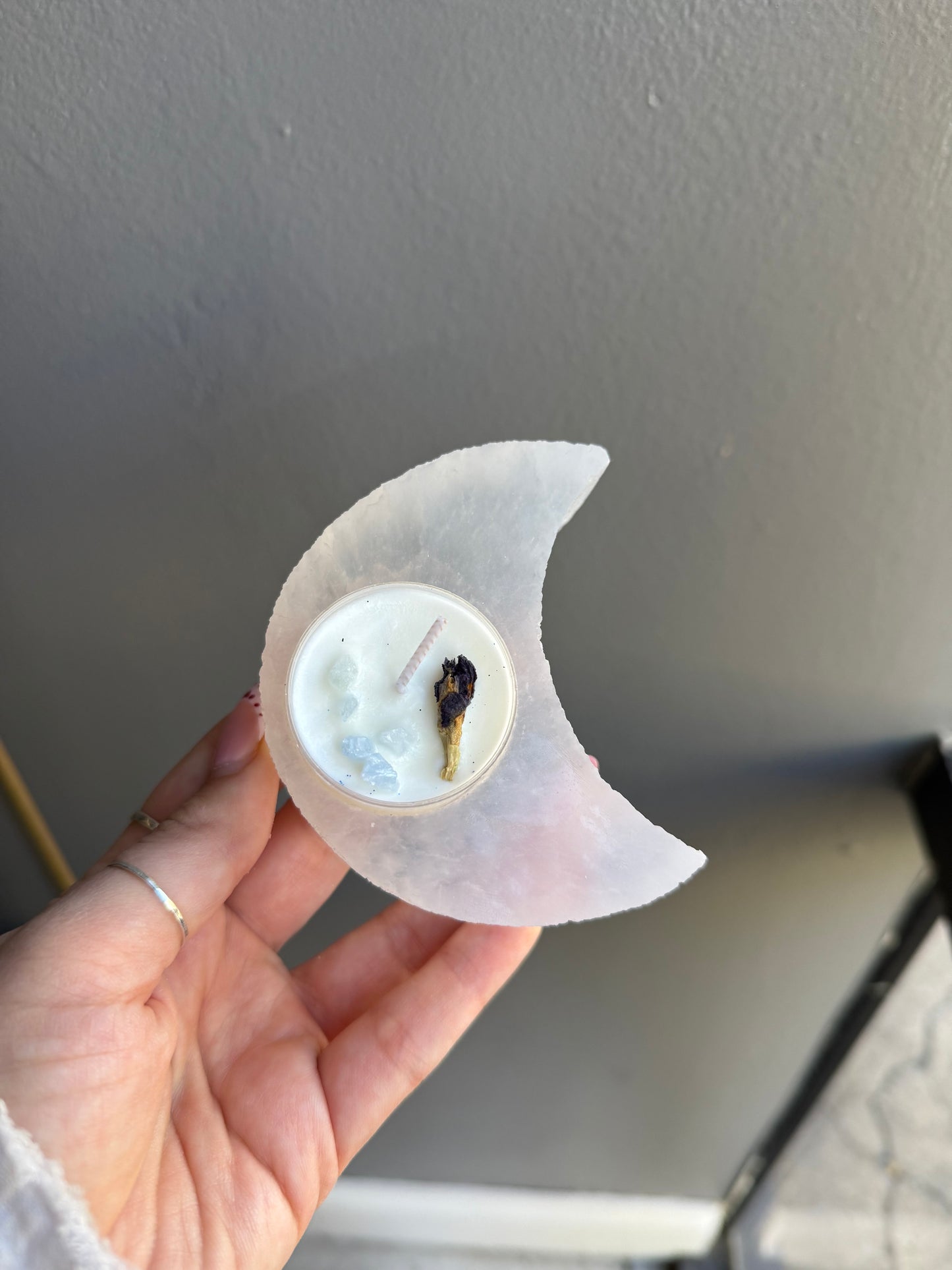 Selenite Candle Holder – Evil Eye, Starburst, Moon, or Snowball Shape, 3-4 in