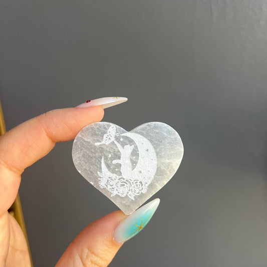 Selenite Etched Cat Crystal Heart Carving