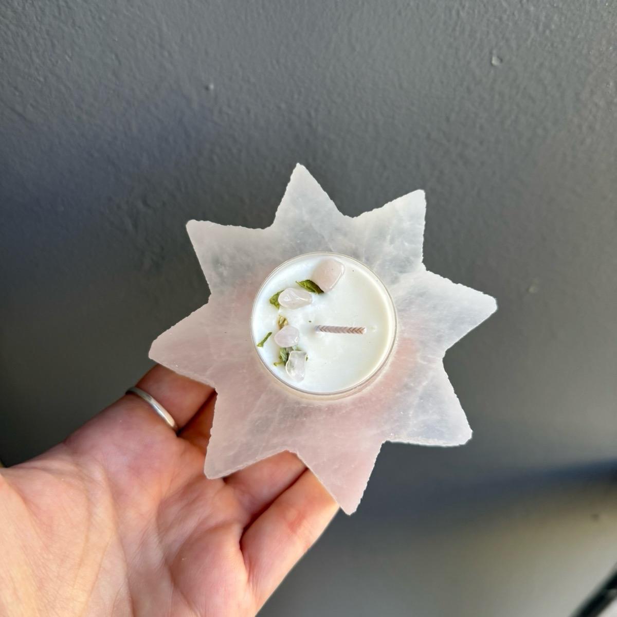 Selenite Candle Holder – Evil Eye, Starburst, Moon, or Snowball Shape, 3-4 in