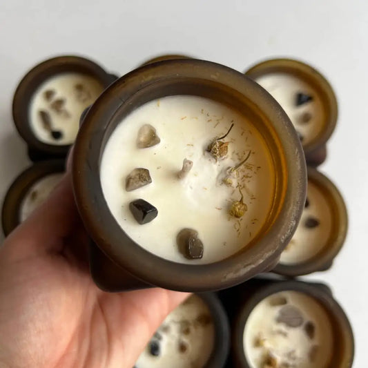 Matte amber glass Briar Crystal Jar soy wax candle with white wax, stones, dried flowers