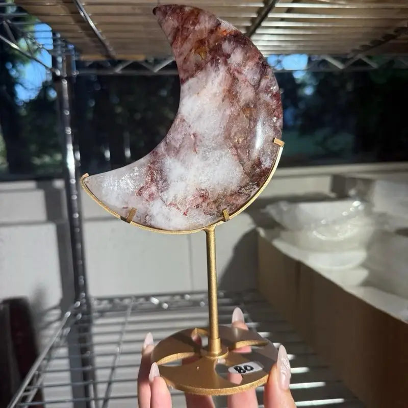 Moon-shaped agate trinket dish on gold stand for Fire Quartz Crescent Moon Figurines