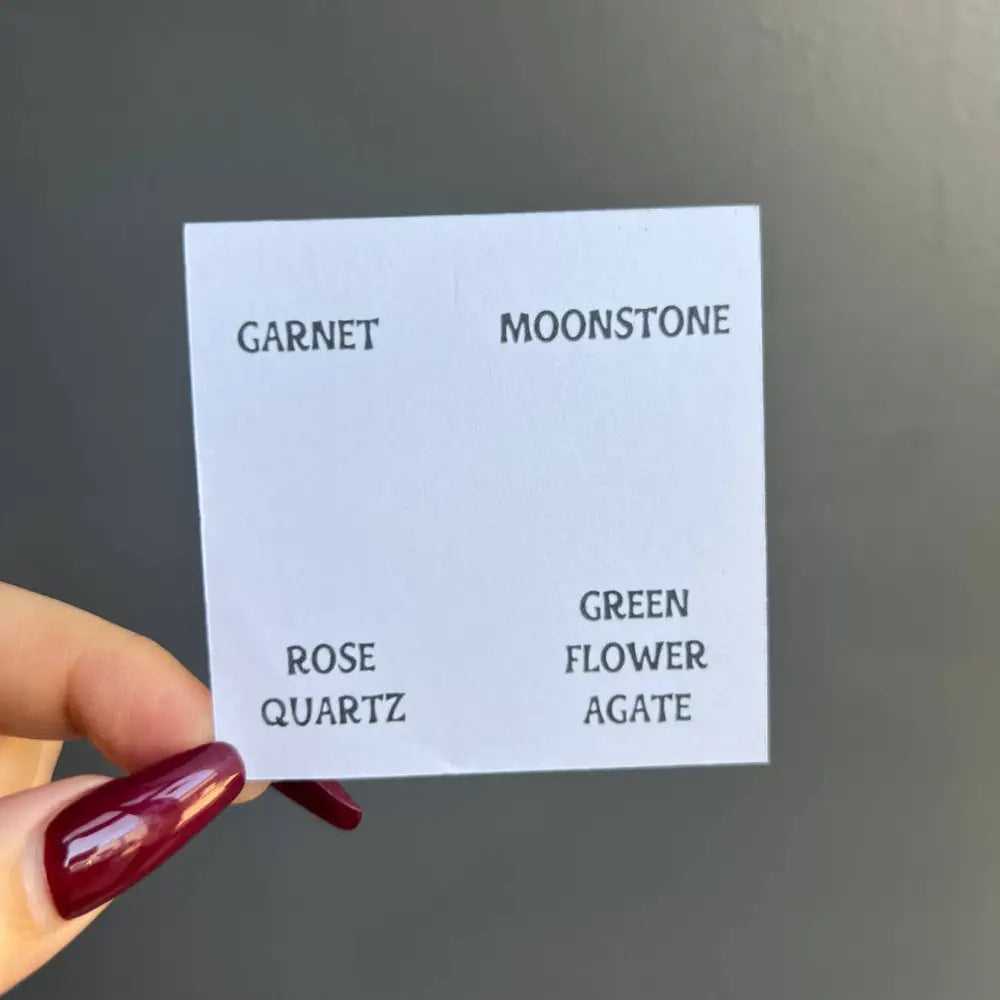 White square card with Garnet, Moonstone, Rose Quartz, Agate stones