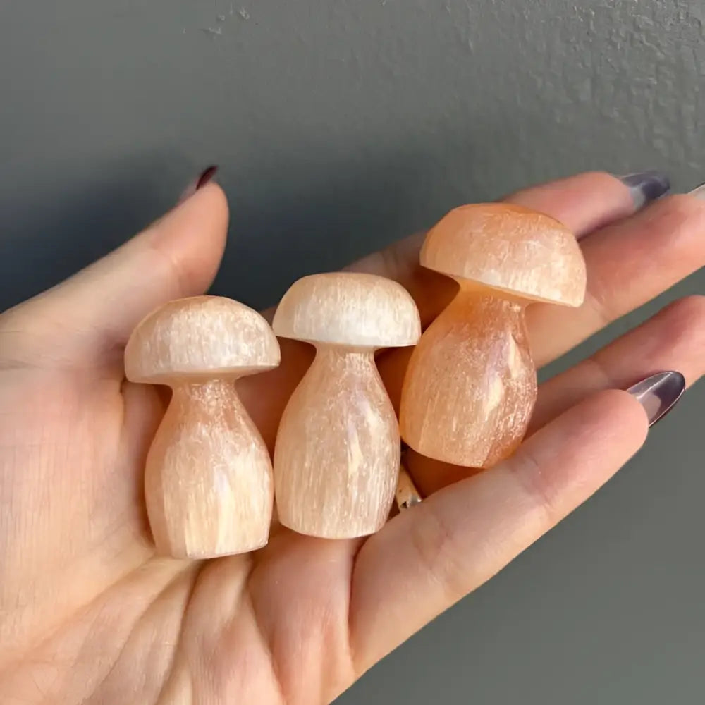 Rose quartz mushroom figurines in Moroccan Selenite Carving