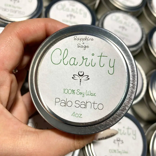 4oz Tigers Eye and Calendula palo santo clarity candle in silver tin