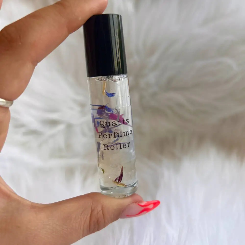 Quartz crystal perfume roller 10ml with black cap and purple dragonfly