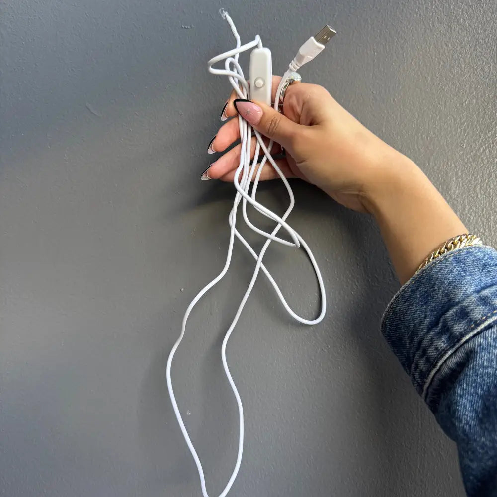 White USB cable with silver connectors for Selenite Mushroom Lamp