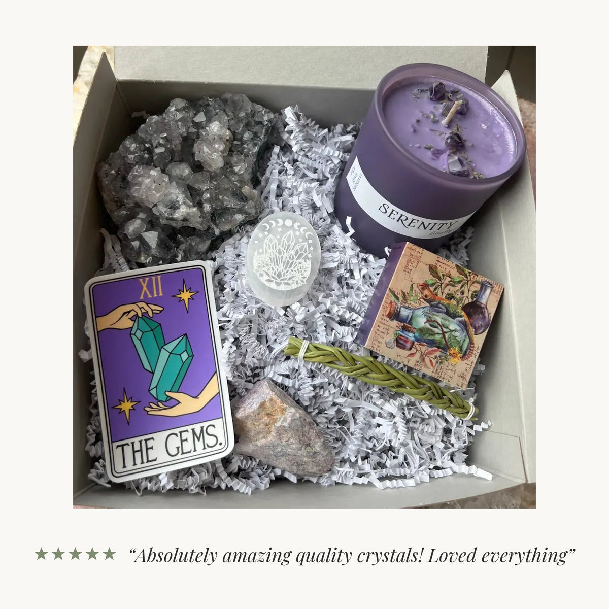 Five-star review from a verified buyer: “Absolutely amazing quality crystals! Loved everything”