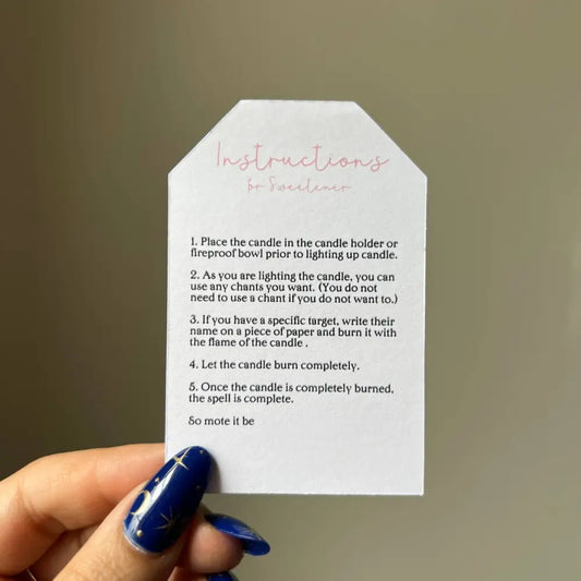 White tea bag with candle spell instructions for Sweetener Goddess Ritual Candles