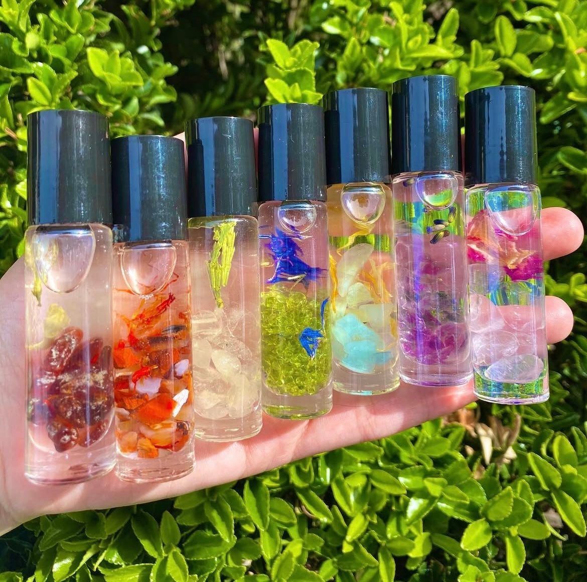 Crystal Infused Perfume Rollers: 7oz glass rollerballs with flower petals and crystals