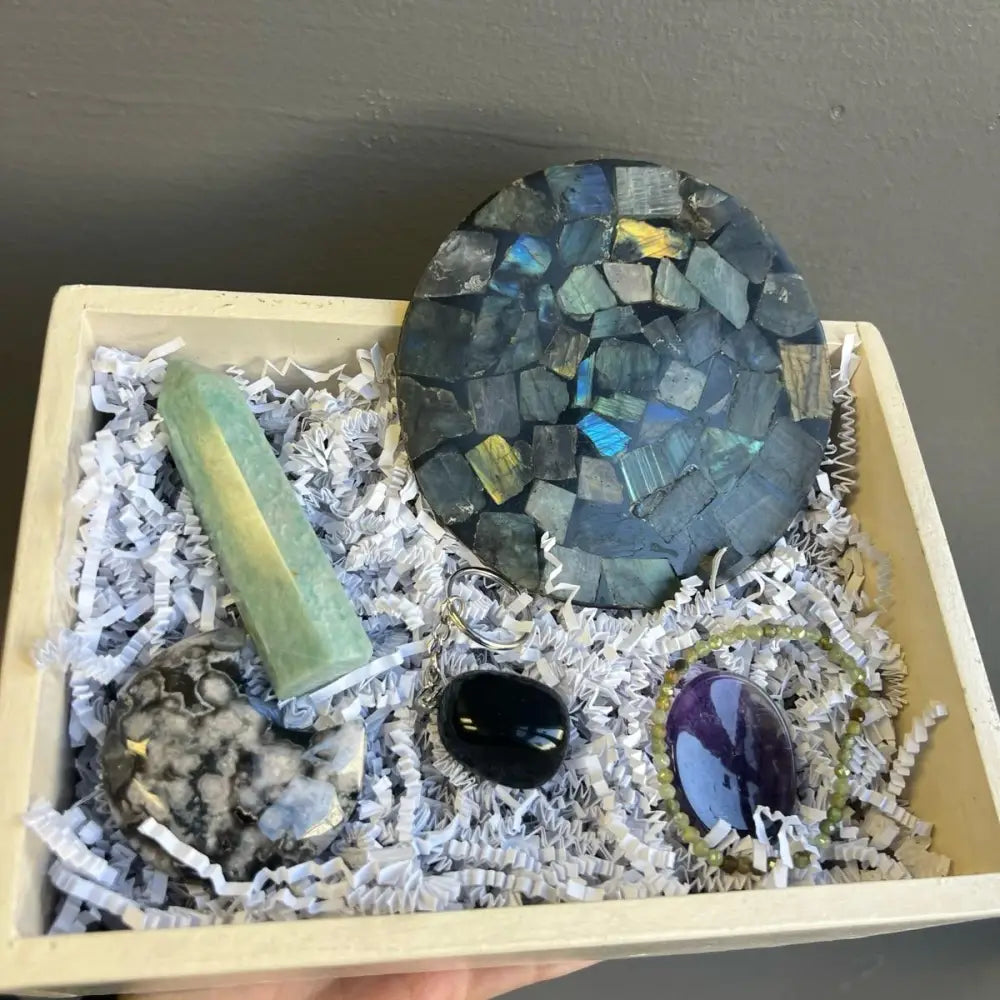 Open crystal mystery box with a labradorite plate, tower and tumbled stones