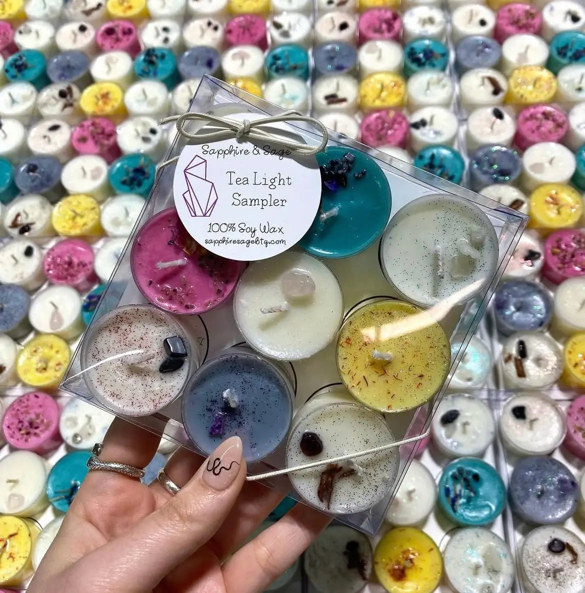 Vibrant 100% soy wax tea light sampler with crystals and stones