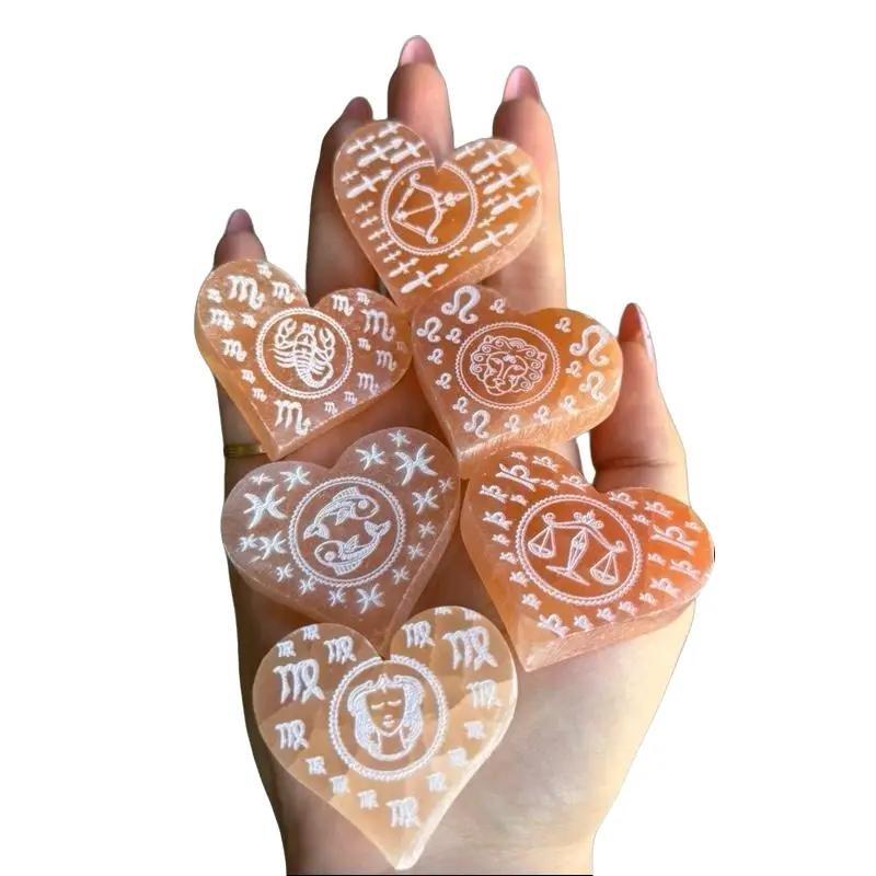 Peach Selenite Etched Zodiac Heart Crystal Carving