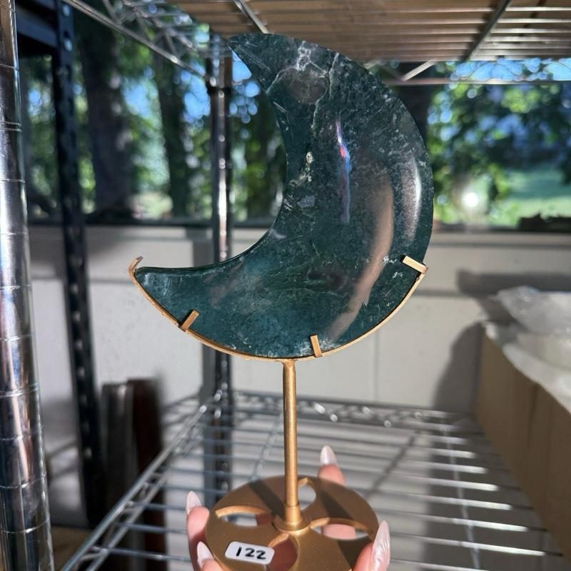 Moss Agate Moon on Stand - Energy Earthy Greens