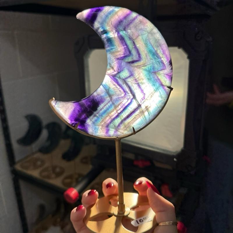 Fluorite Moon on Gold Stand - Clarity & Calm Energy