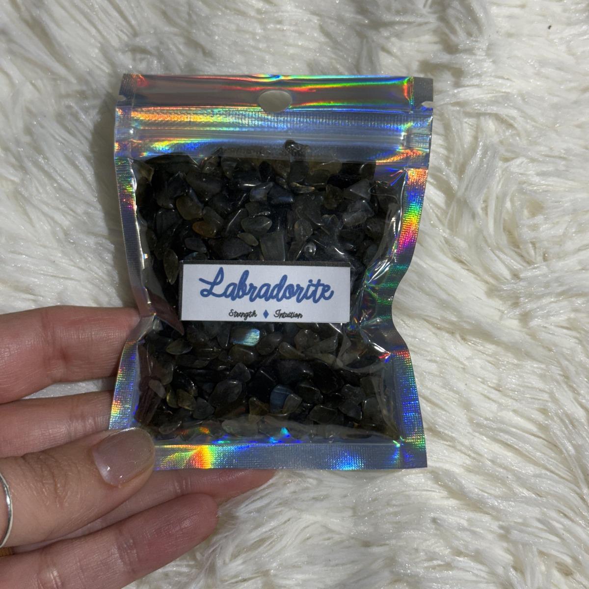 Labradorite crystal chips in a holographic bag for crafts and decor
