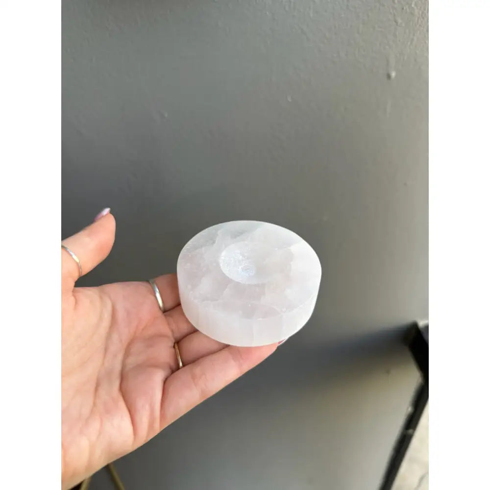 White alabaster moon soap bar in 3 inch selenite sphere holder