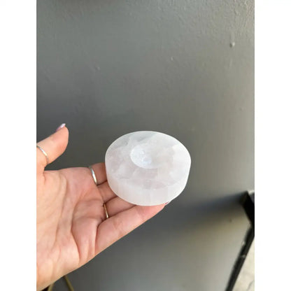 White alabaster moon soap bar in 3 inch selenite sphere holder