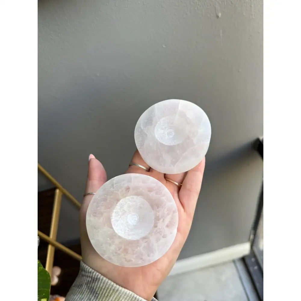 White 3 inch selenite crystal ball in round sphere holder