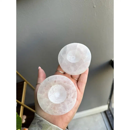 White 3 inch selenite crystal ball in round sphere holder