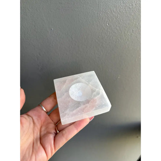 Polished white selenite crystal cube in 3 inch square holder