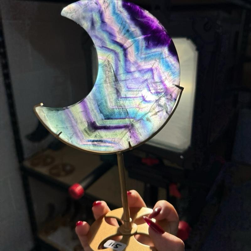 Fluorite Moon on Gold Stand - Clarity & Calm Energy