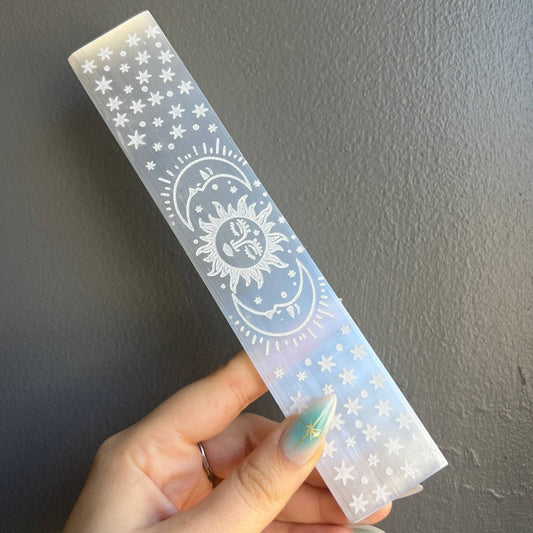 Etched Selenite Sun & Moon Crystal Charging Bar