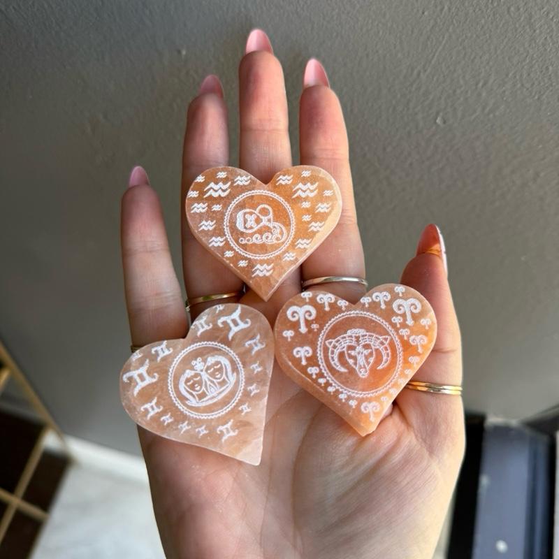 Peach Selenite Etched Zodiac Heart Crystal Carving