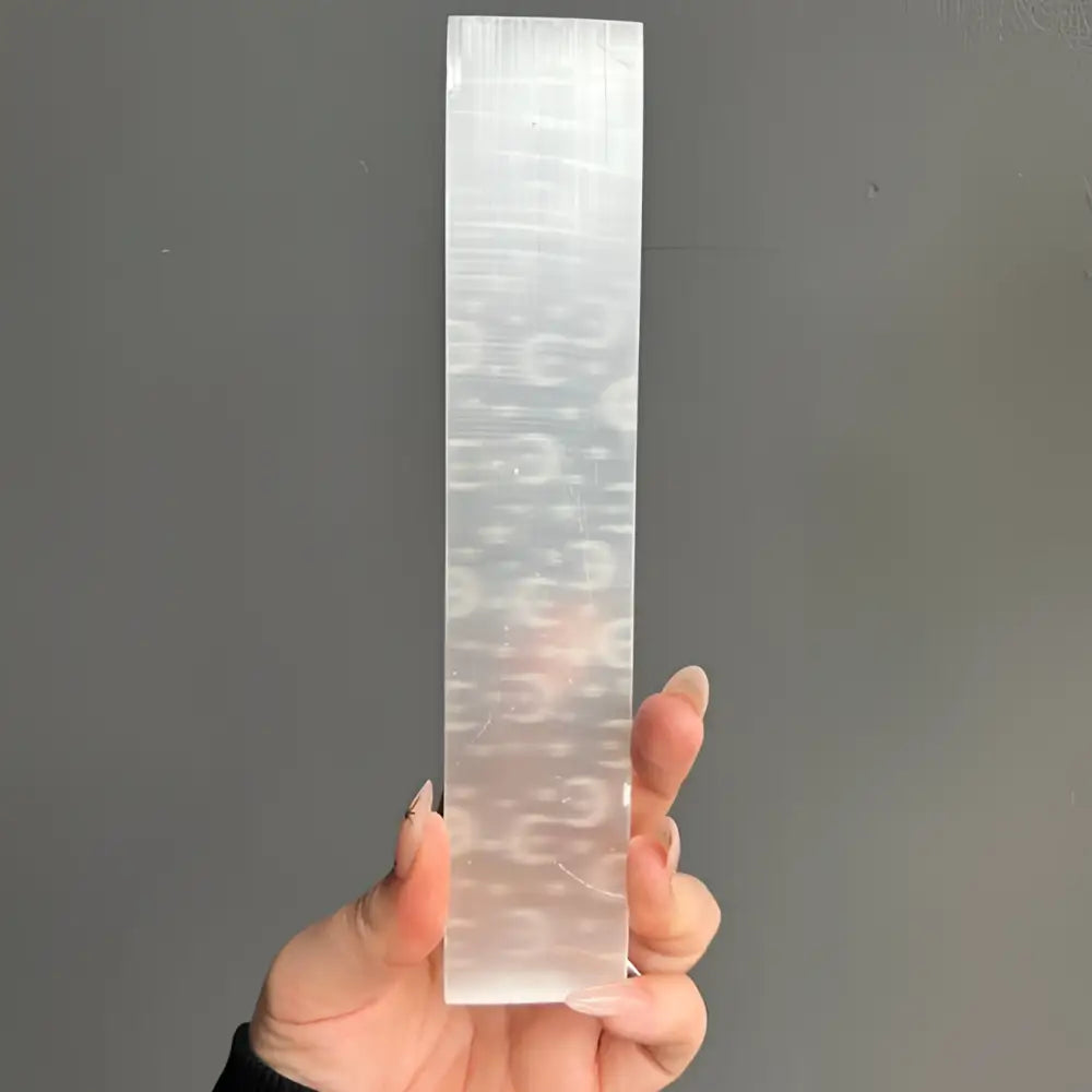 Clear 8-inch selenite crystal charging bar with metric ruler markings