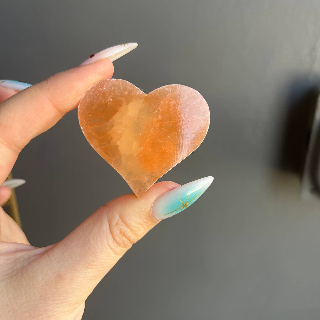Peach Selenite Etched Cat Crystal Heart Carving