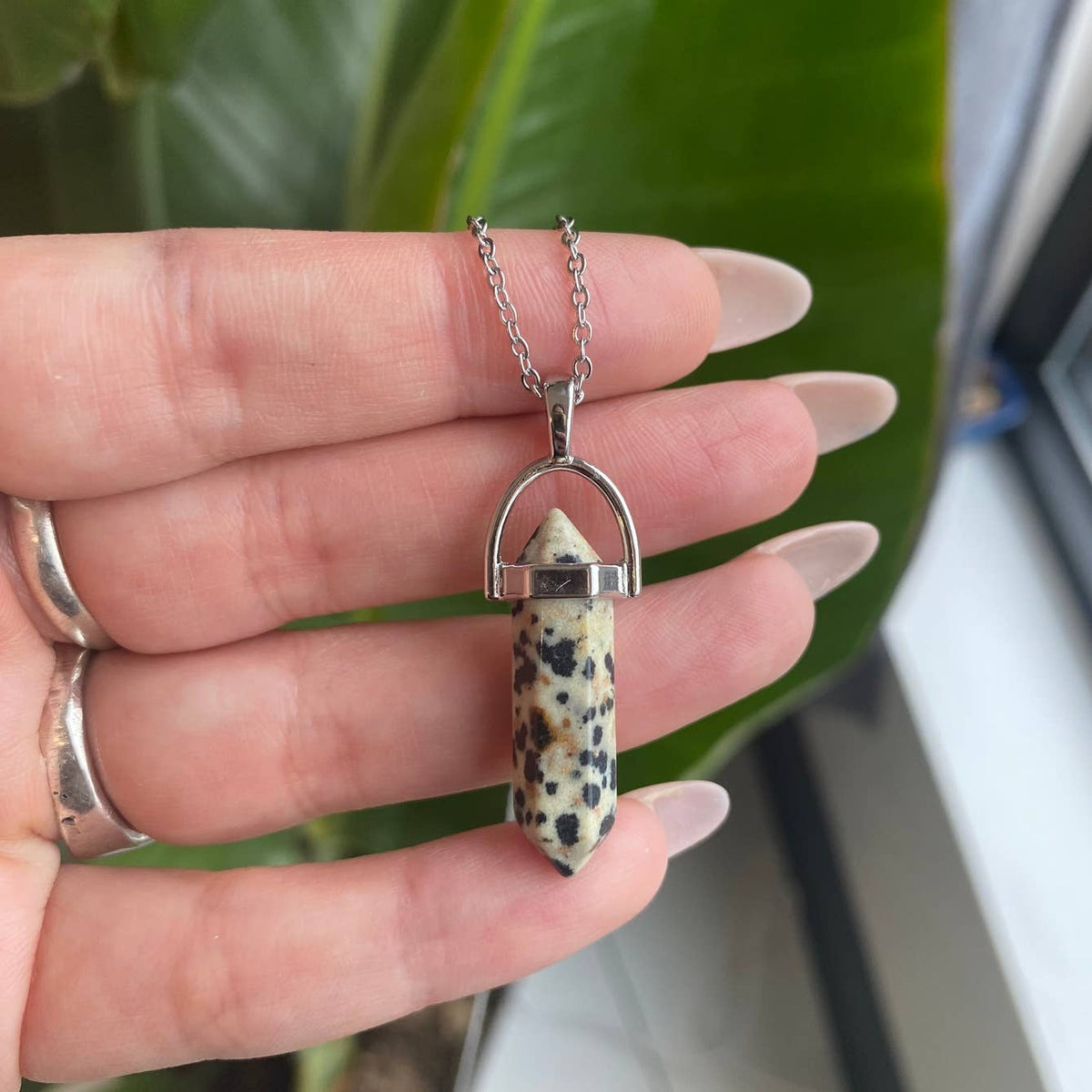 Dalmatian jasper crystal pendant necklace on stainless steel chain