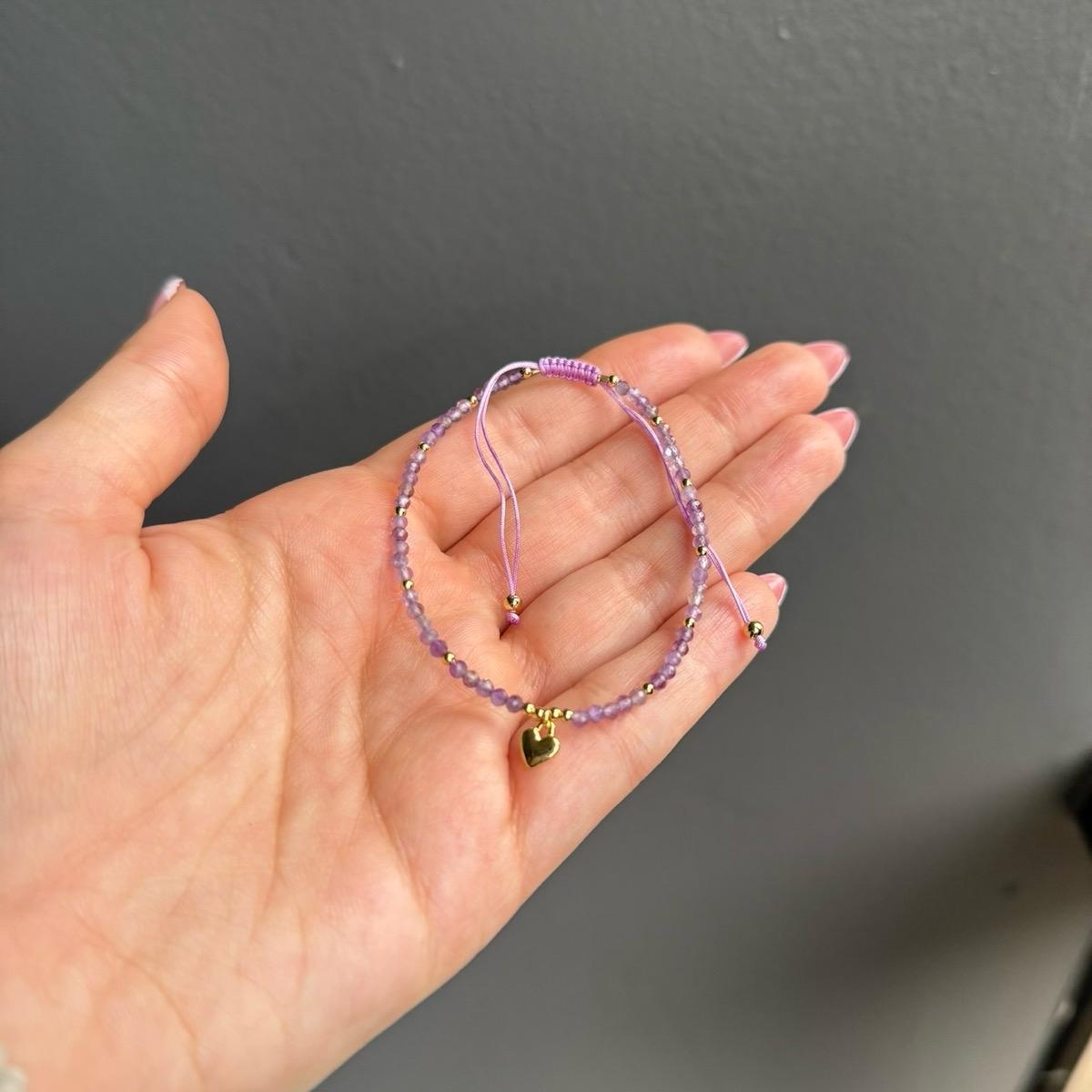 Adjustable Heart Charm Crystal Beaded Bracelet – 3mm Gemstone Beads