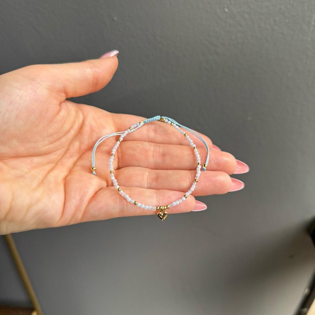 Adjustable Heart Charm Crystal Beaded Bracelet – 3mm Gemstone Beads