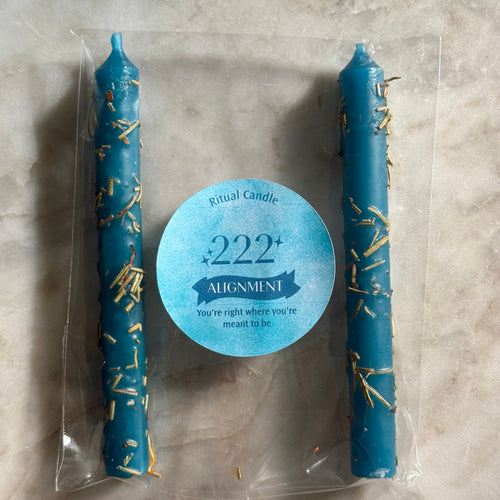 222 Alignment blue ritual candle pair with gold sprinkle inclusions