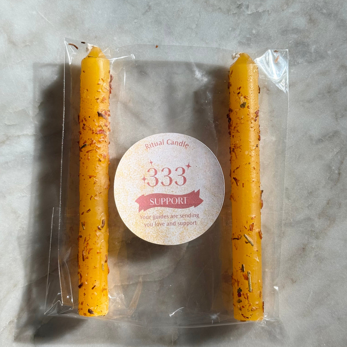 333 Support yellow ritual candle pair with herb inclusions