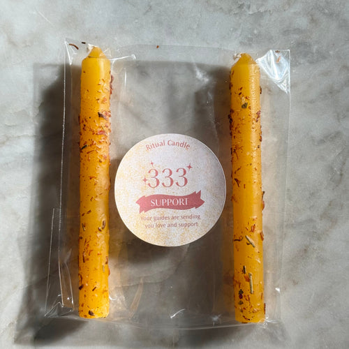 333 Support yellow ritual candle pair with herb inclusions