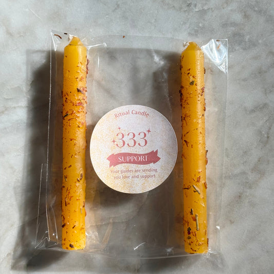 333 Support yellow ritual candle pair with herb inclusions