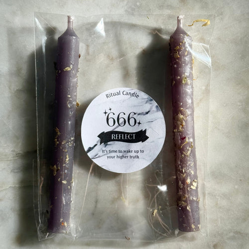 666 Reflect dusty purple ritual candle pair with herb inclusions