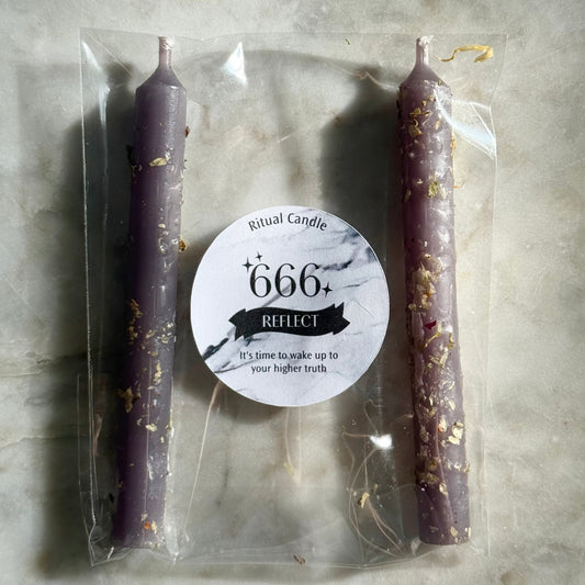 666 Reflect dusty purple ritual candle pair with herb inclusions