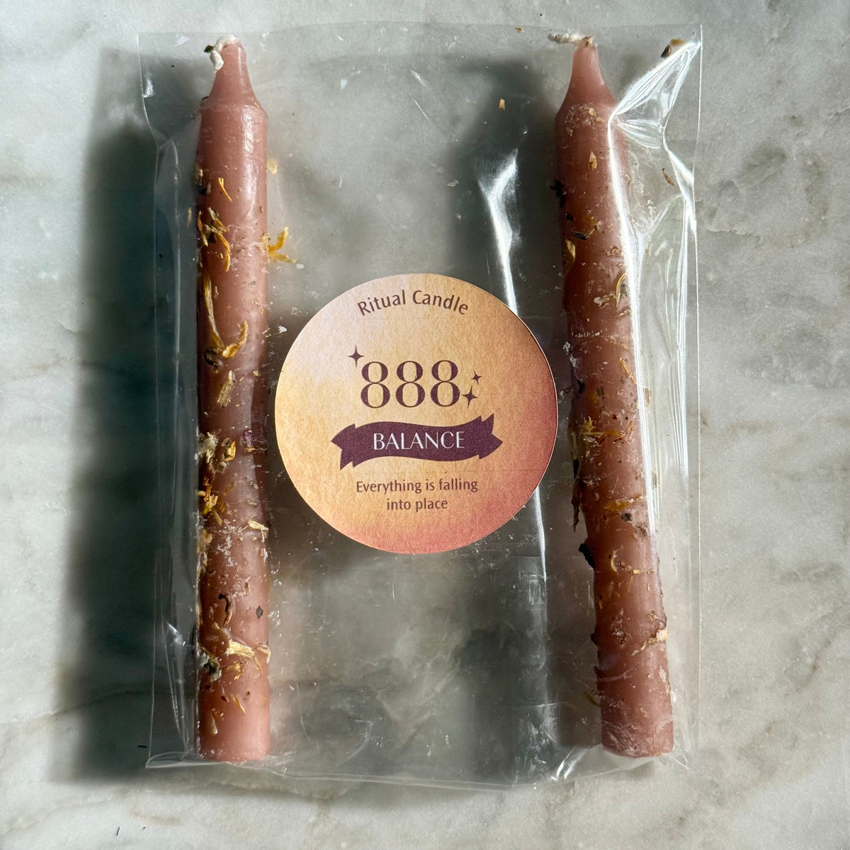 888 Balance peach ritual candle pair with herb inclusions