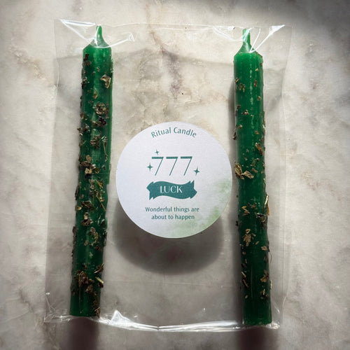 777 Luck green ritual candle pair with herb inclusions