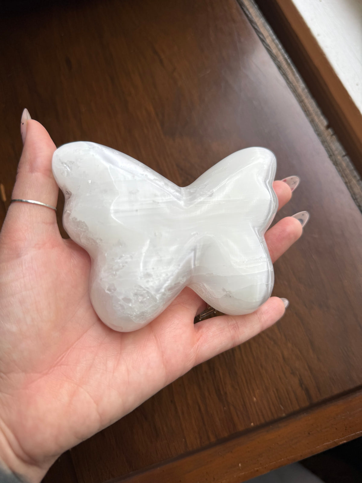Selenite butterfly bowl from an alternate angle