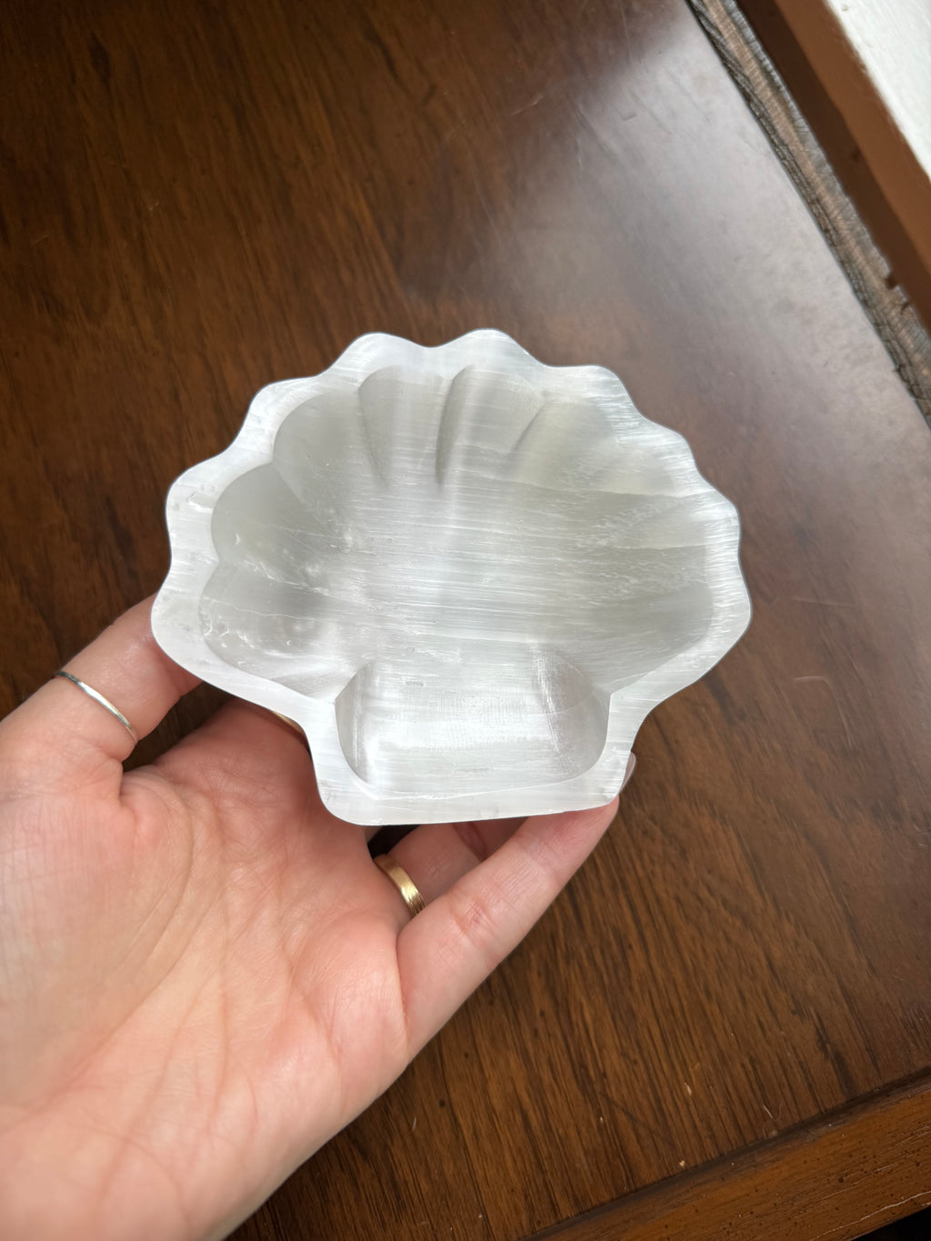 Polished selenite scalloped seashell bowl from above