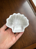Polished selenite scalloped seashell bowl from above