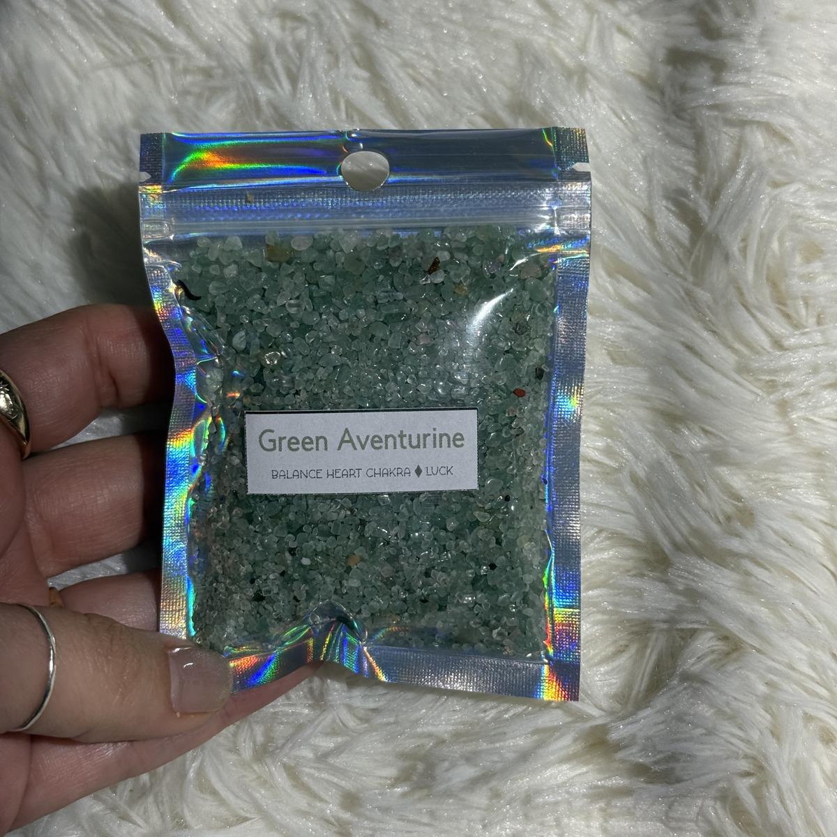 Green Aventurine crystal chips in a holographic bag for crafts and decor