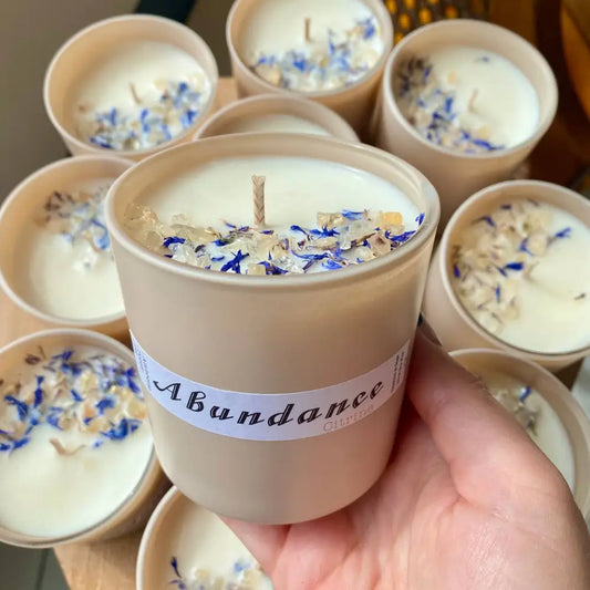 Abundance candle in 10 oz natural soy wax reusable glass jar