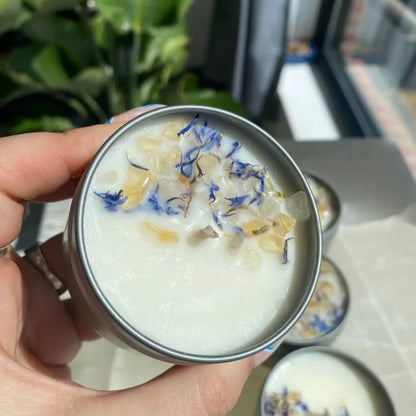 White ceramic bowl with blue flowers and glass beads in 4oz Citrine soy candle tin