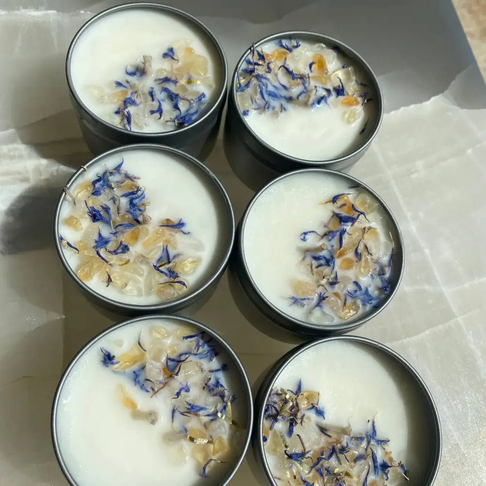 4oz white soy candle with citrine crystals, dried petals, and leaves in silver tin