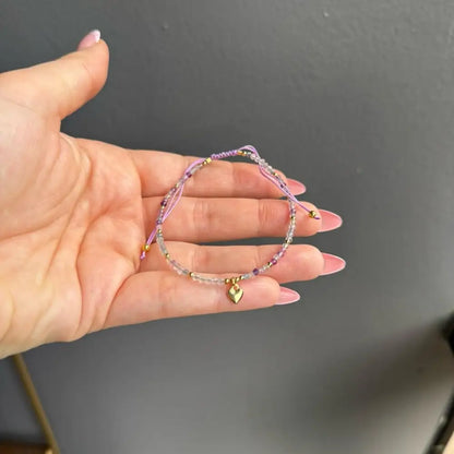 Lavender beaded adjustable crystal gemstone bracelet with gold heart charm